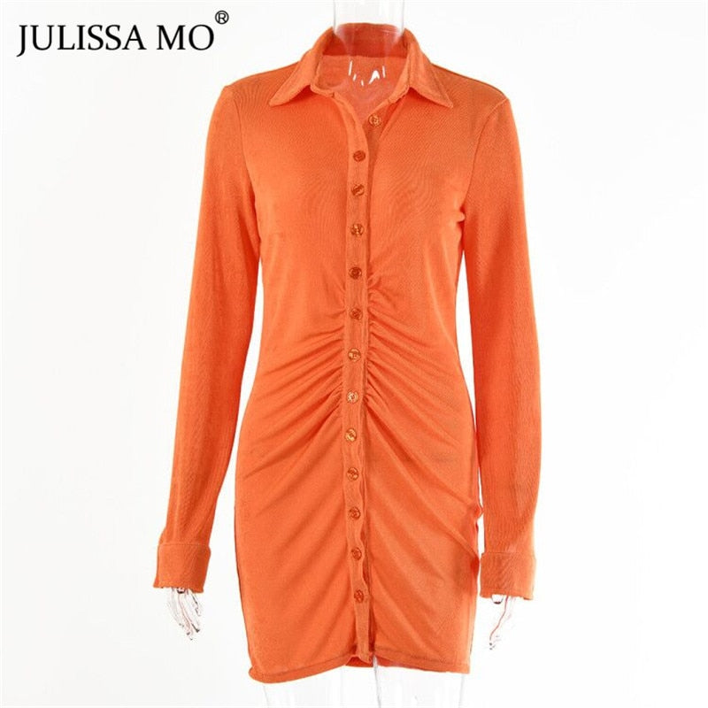 Autumn ruched long sleeve bodycon mini dress with turn-down collar and buttons by The Clothing Company Sydney, perfect for parties.