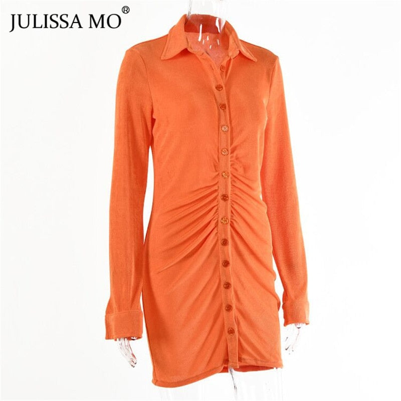 Autumn ruched long sleeve bodycon mini dress with turn-down collar and button detail by The Clothing Company Sydney.