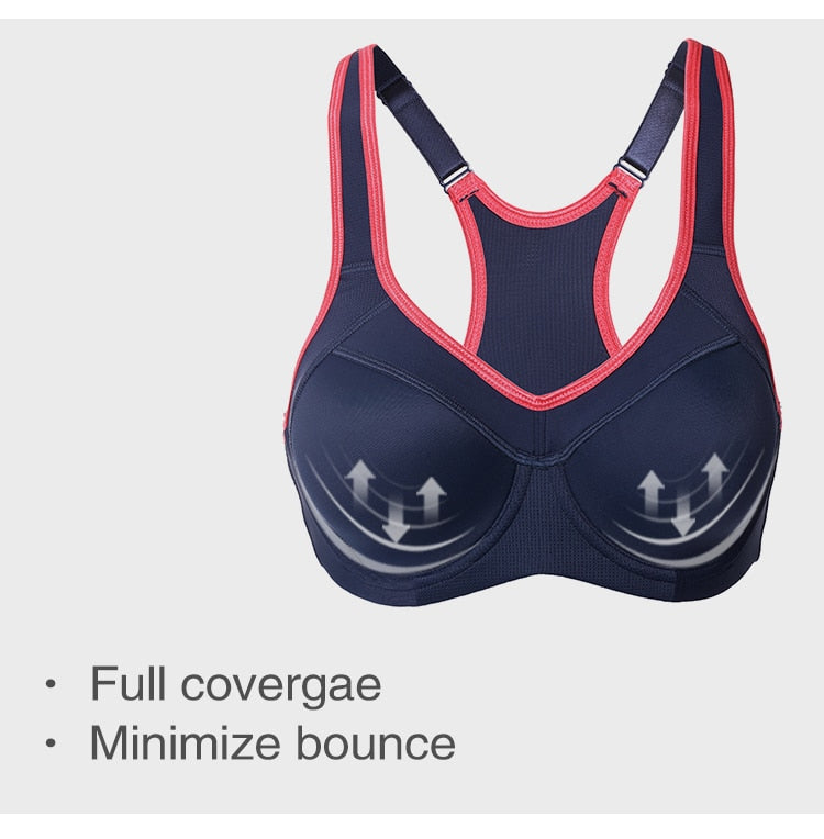 Women's moisture-wicking high-impact sports bra with padded full support and racerback design by The Clothing Company Sydney.