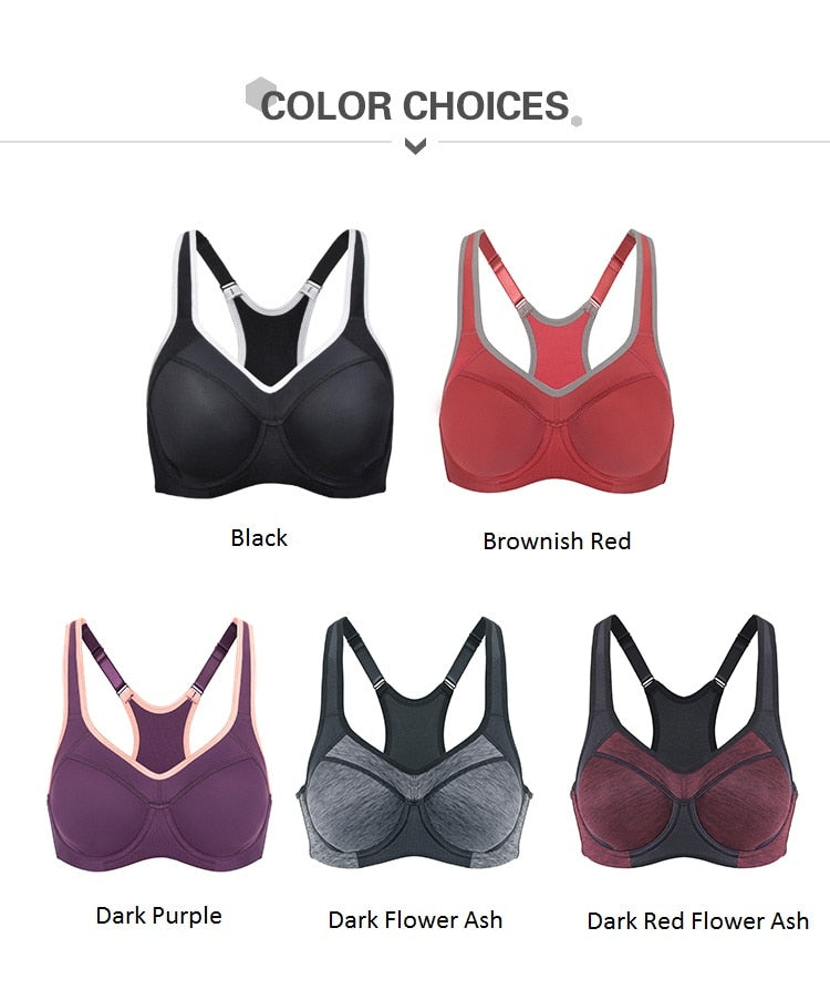 Women's moisture-wicking high-impact sports bra with padded cups, underwire support, racerback design, from The Clothing Company Sydney.