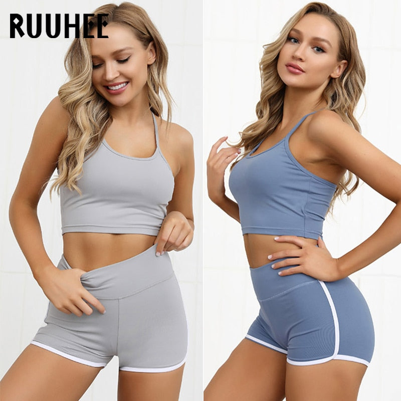 High-waist seamless yoga shorts and sports bra set for women, fitness activewear by The Clothing Company Sydney.