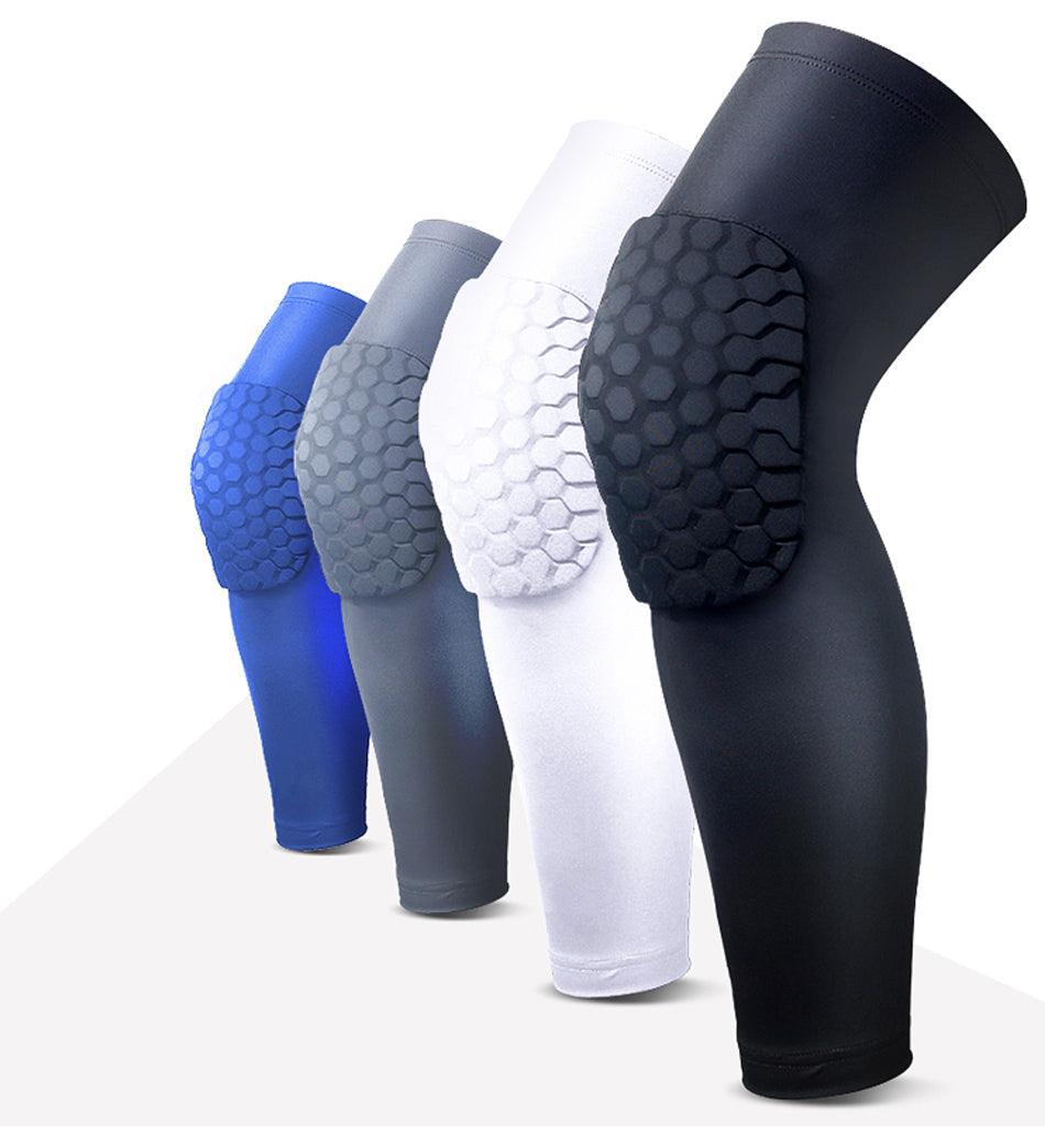 Black basketball knee pads with honeycomb foam, compression sleeve, and support for sports like volleyball and fitness training.