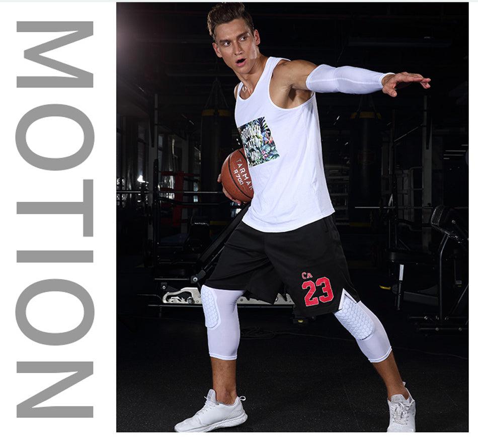 Black basketball knee pads with honeycomb foam, compression sleeve, and support strap for sports protection and fitness activities.