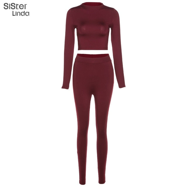 Two-piece sporty activewear set by The Clothing Company Sydney featuring long sleeve tops and leggings for workout and fall fitness.