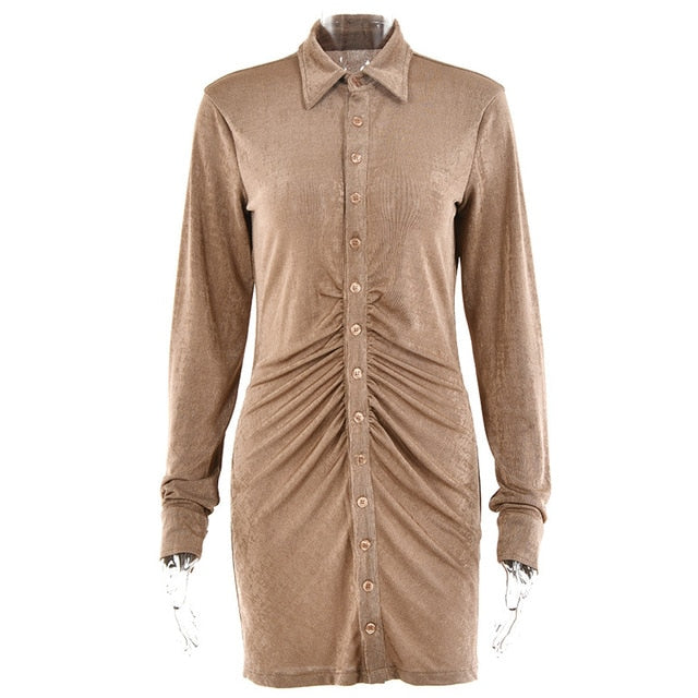Autumn ruched long sleeve bodycon mini dress with turn-down collar and button details, from The Clothing Company Sydney.