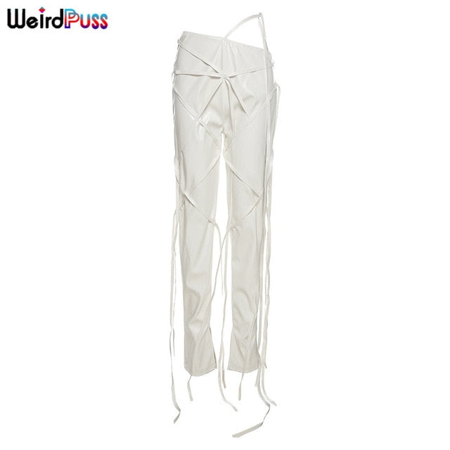Faux leather skinny sling high waist pencil pants with asymmetrical design and solid color, stylish tight trousers for fall.