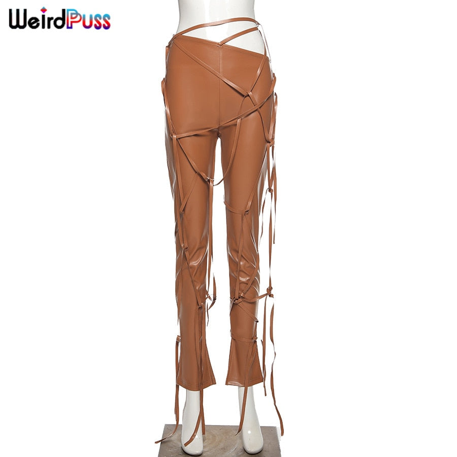 Faux leather high waist skinny sling pants with asymmetrical design, solid chic tight trousers, fall string detail by The Clothing Company Sydney