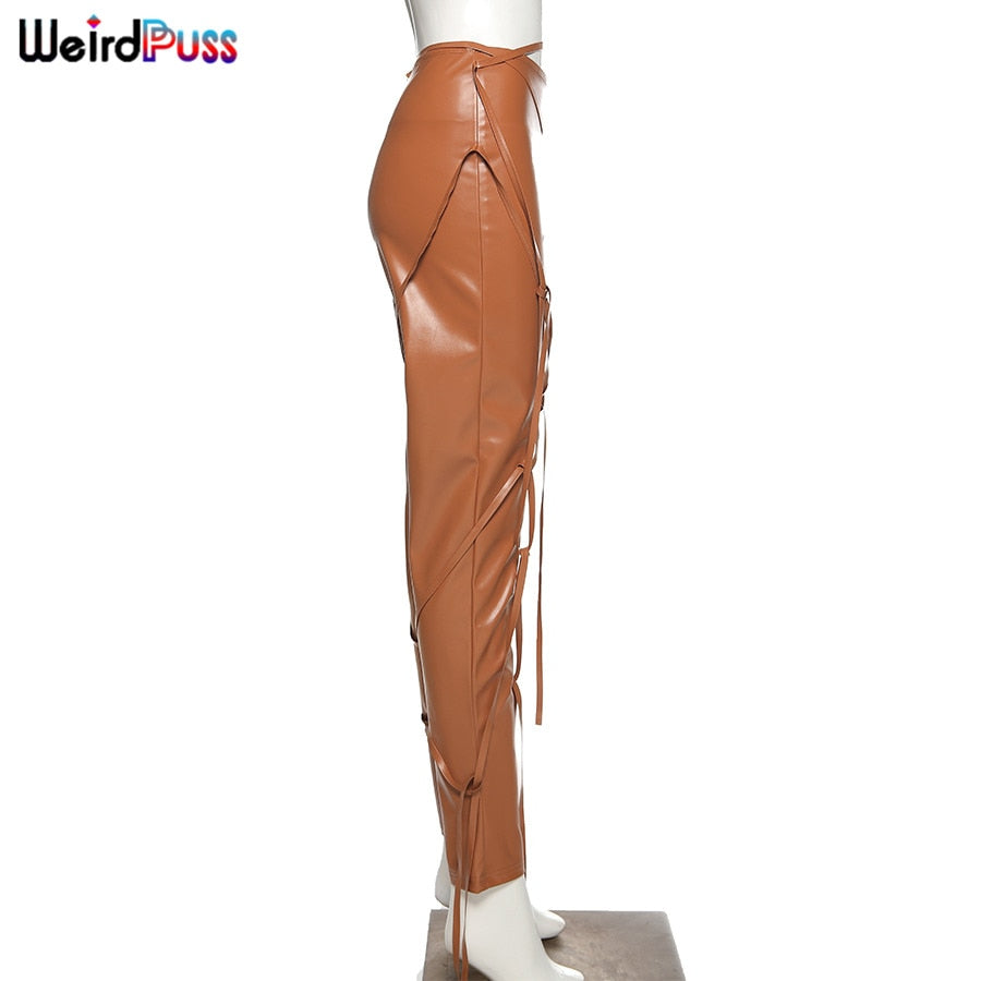 Faux leather skinny sling high waist pencil pants with asymmetrical design, solid color, and chic tight fit from The Clothing Company Sydney