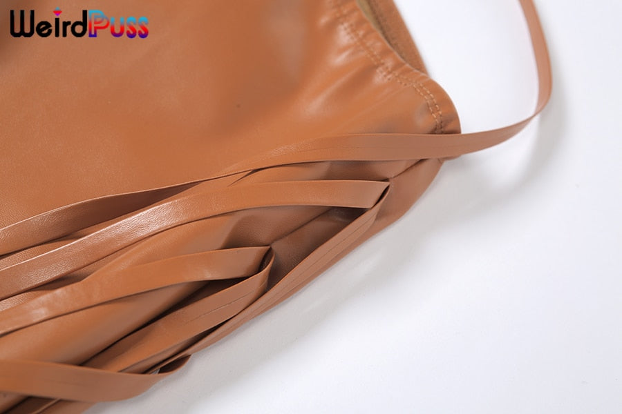 Faux leather skinny sling high waist pencil pants with asymmetric design from The Clothing Company Sydney, showcasing fall chic style.