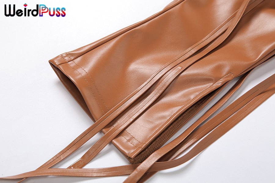 Faux leather skinny high-waist pencil pants with asymmetrical design from The Clothing Company Sydney, featuring a solid chic style.