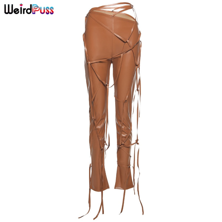 Faux leather high waist skinny sling pants with asymmetrical design and solid color, chic tight trousers for fall.