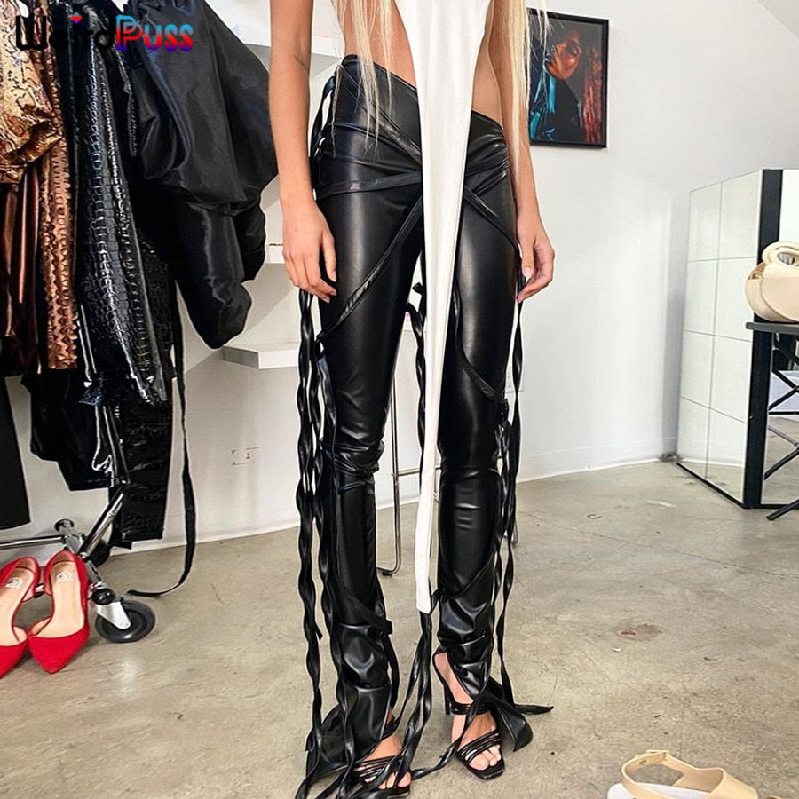 Faux leather skinny sling high-waist pencil pants with asymmetrical design and solid chic style, perfect for fall wear.