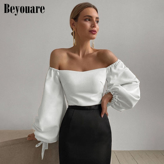 Elegant T Shirt Slash Neck Lantern Sleeve Bandage Solid White Tops Autumn Casual Slim Office Top The Clothing Company Sydney