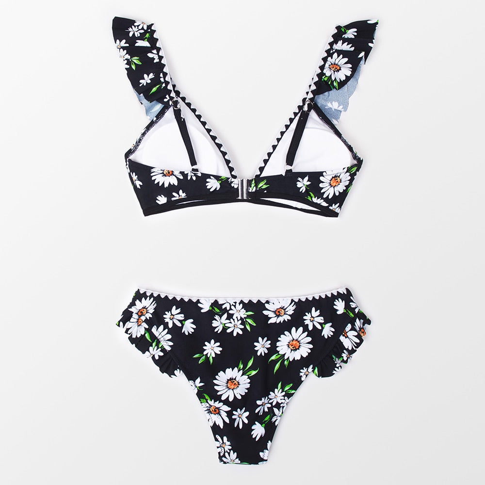 Black floral ruffled v-neck bikini set by The Clothing Company Sydney featuring lace-up front and two-piece beach swimwear.