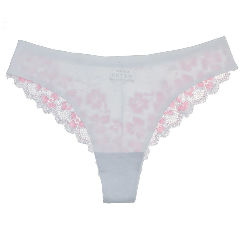 Low-waist floral embroidered lace thong from The Clothing Company Sydney, featuring transparent t-back design and delicate detailing.