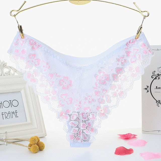 Low-waist floral embroidered lace thong from The Clothing Company Sydney, transparent T-back G-string underwear.