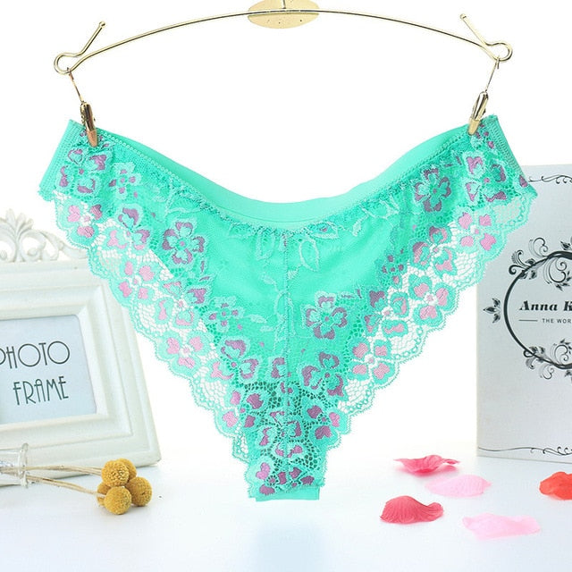 Low-waist floral embroidered lace thong underwear with transparent T-back design from The Clothing Company Sydney.