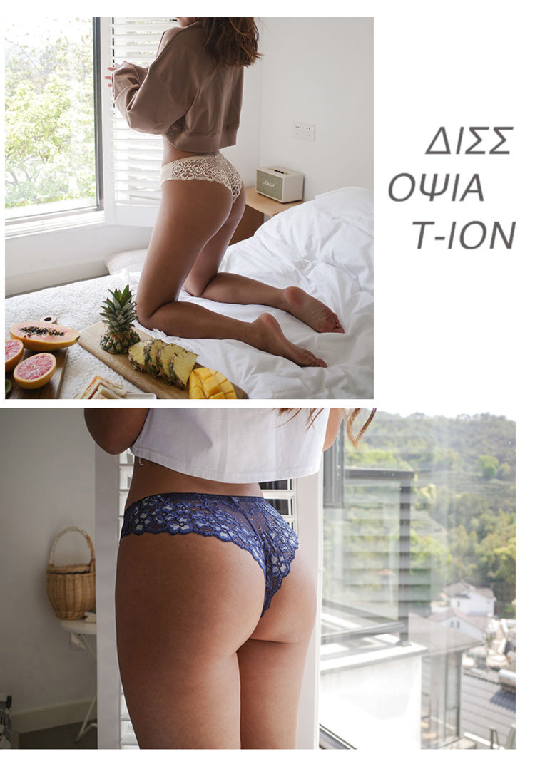 Low-waist floral embroidered lace thong from The Clothing Company Sydney, transparent T-back G-string underwear on a white background.