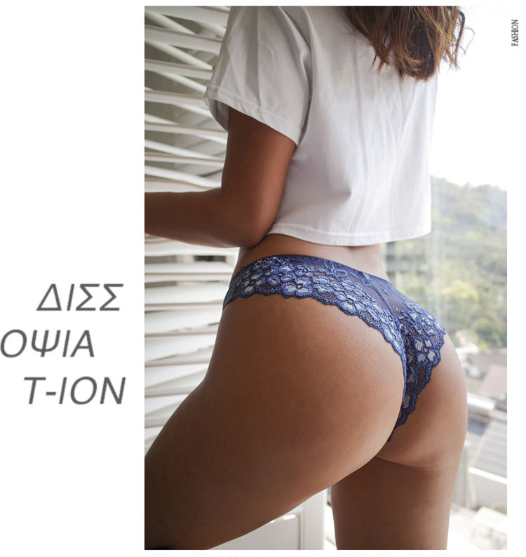 Low-waist floral embroidered lace thong underwear with transparent T-back design from The Clothing Company Sydney.