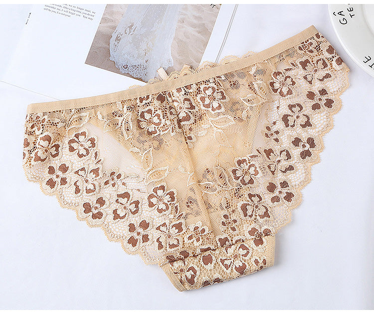 Low-waist floral embroidered lace thong from The Clothing Company Sydney, transparent T-back G-string underwear.