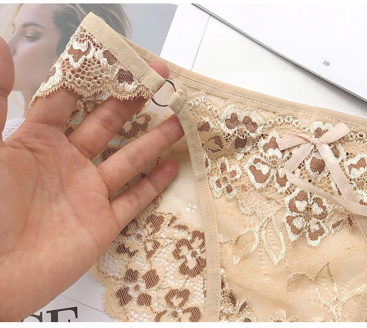 Low-waist floral embroidered lace thong from The Clothing Company Sydney, transparent T-back G-string underwear.