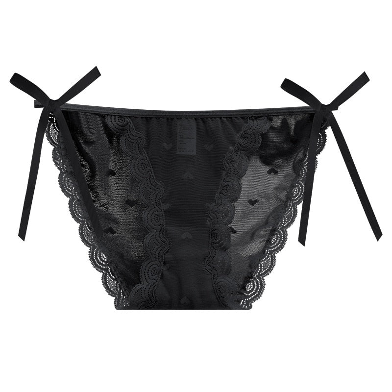 Sensual lace thong underwear from The Clothing Company Sydney featuring low-waist, translucent G-string design with bandage style.