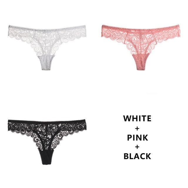 Three-pack of The Clothing Company Sydney women's thong panties with low waist, breathable fabric, and transparent T-back design.