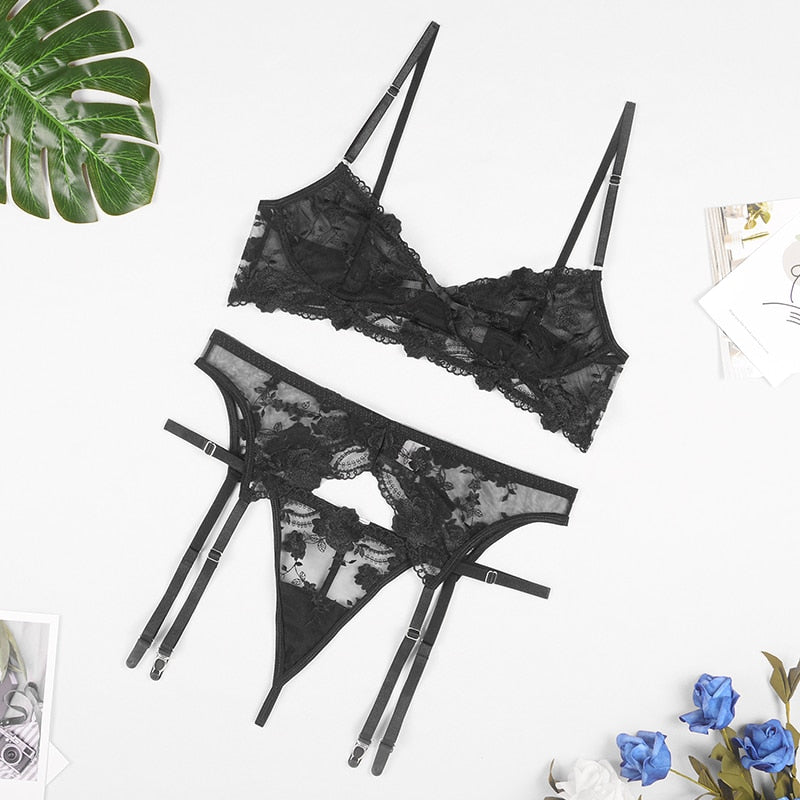 See-through lace push-up bra set with garters and thong, featuring embroidery details, from The Clothing Company Sydney.