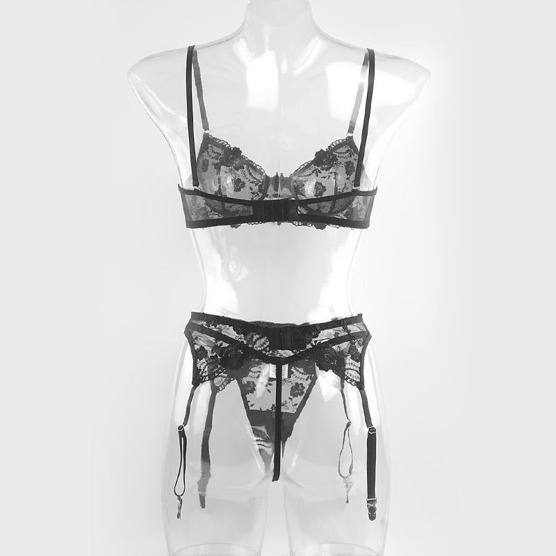 Transparent lace push-up bra set with garters and thong, featuring embroidery and see-through design from The Clothing Company Sydney.
