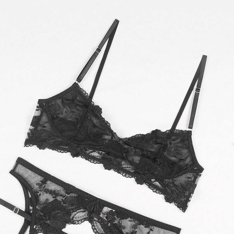 See-through lace push-up bra set with garters and thong, featuring transparent embroidery and sexy lingerie design.