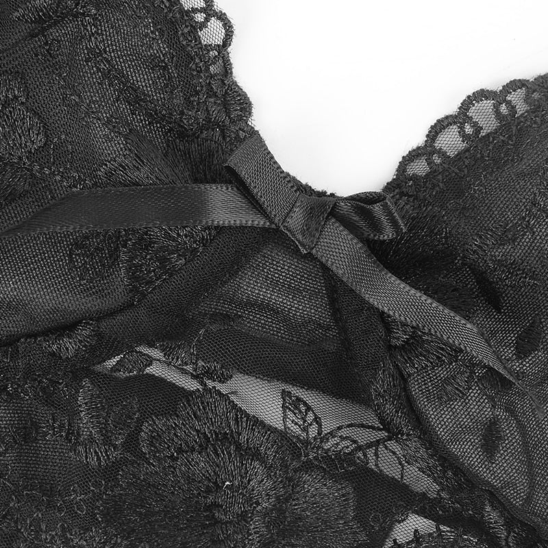 Transparent lace push-up bra set with garters and thong, featuring embroidery and see-through design by The Clothing Company Sydney.