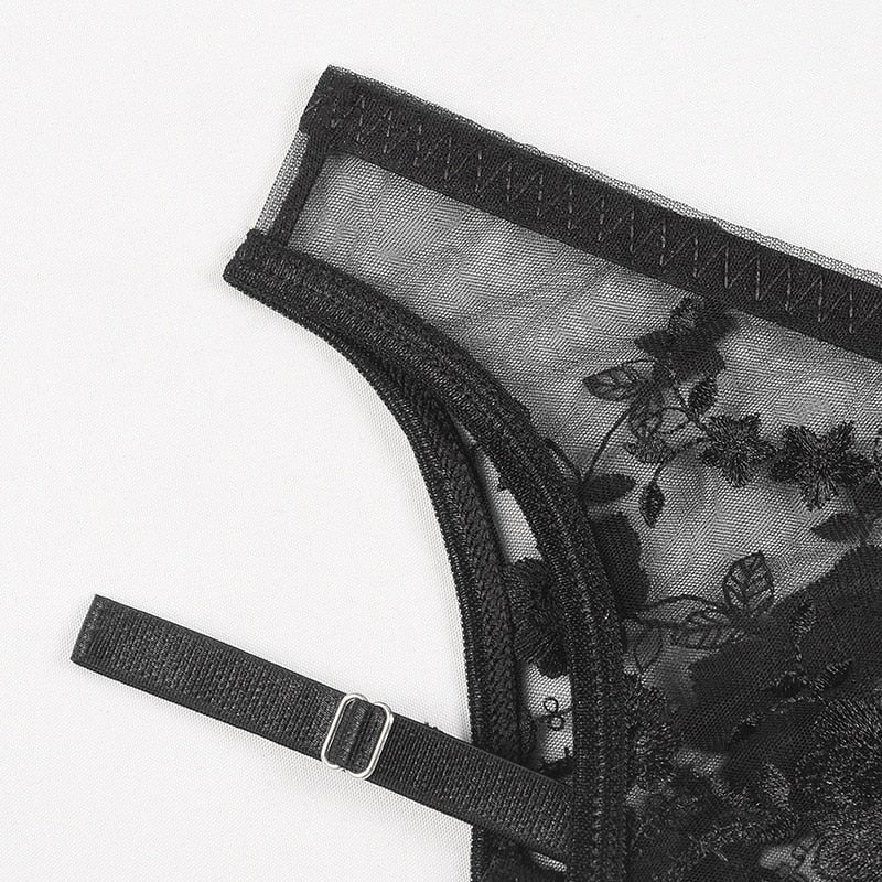 Embroidery sexy lingerie set with transparent lace push-up bra, matching garters and thong, see-through underwear by The Clothing Company Sydney