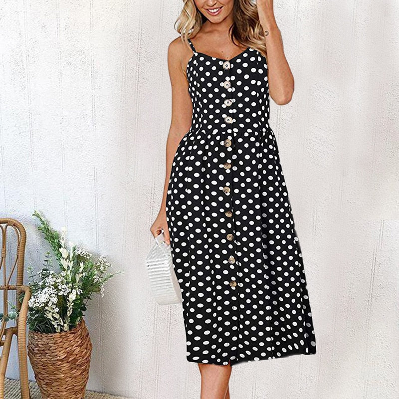 Vintage casual sundress by The Clothing Company Sydney featuring polka dots, stripes, floral pattern, midi length, backless design, summer style.