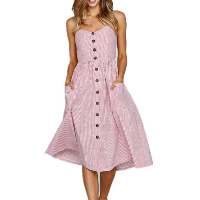 Vintage boho sundress with polka dots and stripes, backless, button details, floral print, perfect for summer beachwear.