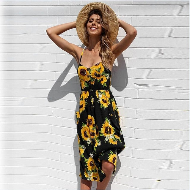 Vintage boho sundress by The Clothing Company Sydney featuring polka dots, stripes, backless design, and floral summer midi style.