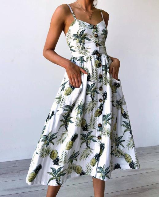 Vintage casual sundress by The Clothing Company Sydney featuring polka dots, stripes, floral patterns, midi length, backless, and button details.