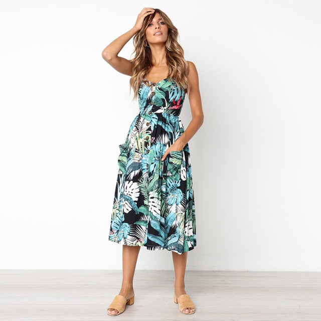 Vintage casual sundress by The Clothing Company Sydney featuring polka dots, stripes, floral pattern, midi length, backless, and button details.