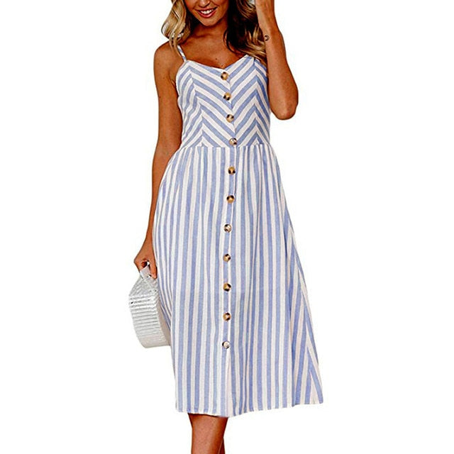 Vintage casual sundress from The Clothing Company Sydney featuring polka dots, stripes, floral print, backless design, and midi length.