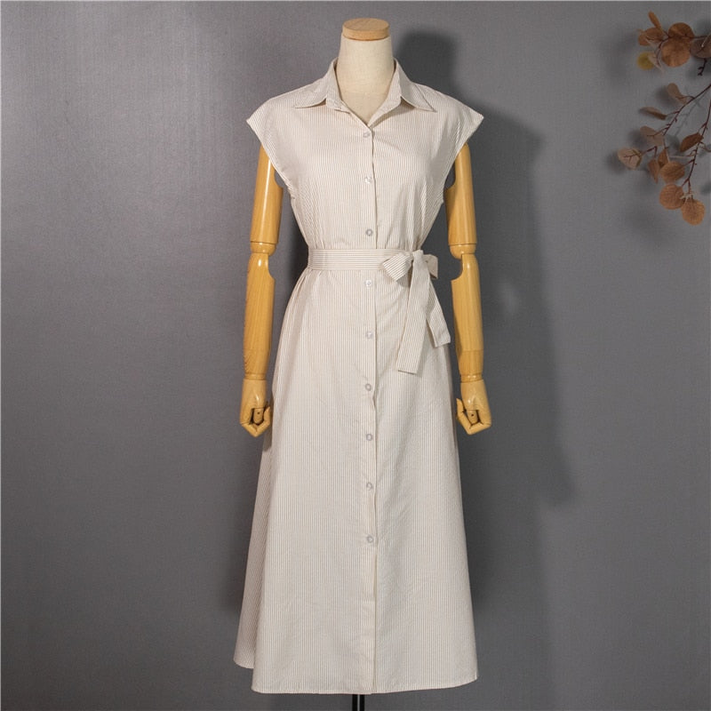 Multicolored sleeveless striped shirt dress by The Clothing Company Sydney, casual oversized long dress with lace-up front.