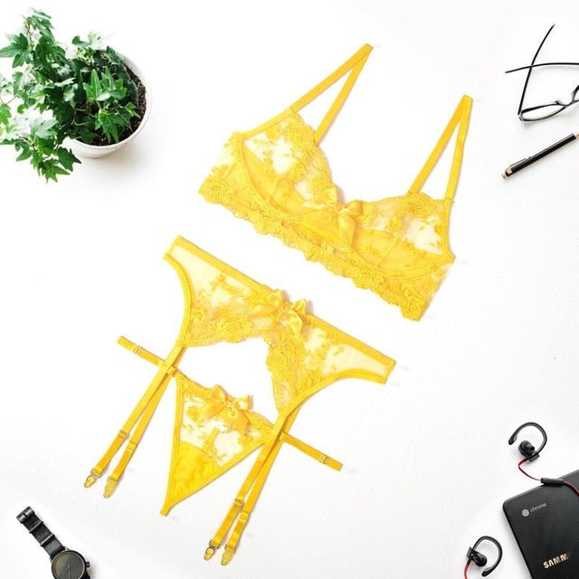 Transparent lace push-up bra set with matching thong and garters, featuring embroidery and see-through design from The Clothing Company Sydney.