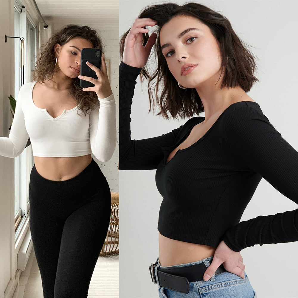 White V-neck long sleeve knitted crop top from The Clothing Company Sydney, featuring a slim fit and ribbed texture.