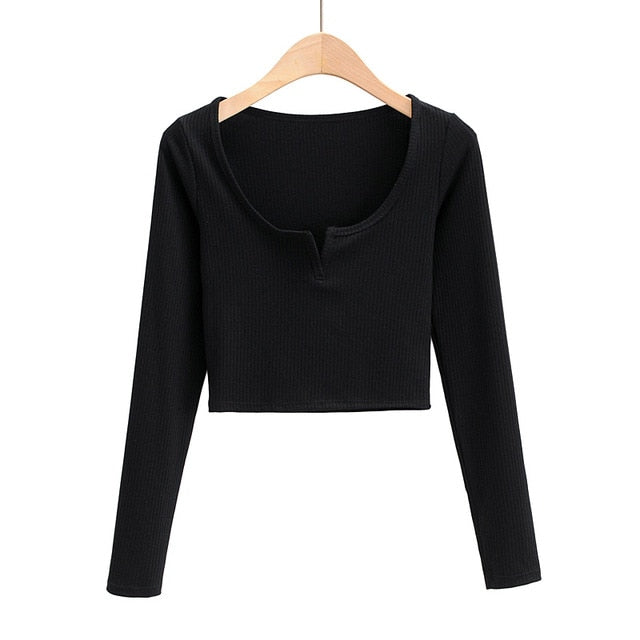 White V-neck long sleeve knitted crop top from The Clothing Company Sydney, slim fit with ribbed detailing.