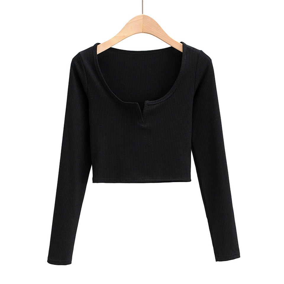 White V-neck long sleeve knitted crop top from The Clothing Company Sydney, featuring slim fit and ribbed texture.