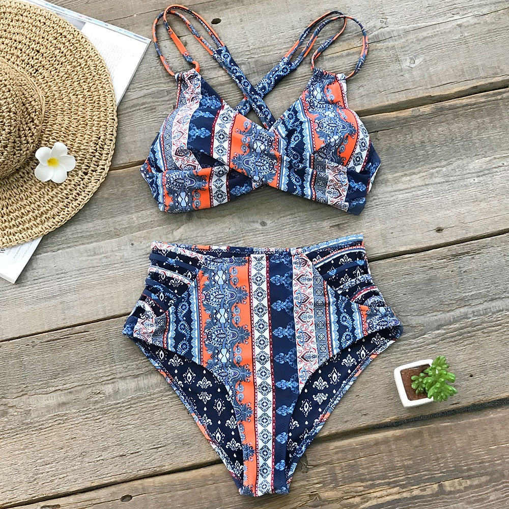 Tropical Palms twist-front high-waisted bikini with lace-up detail, two-piece swimwear from The Clothing Company Sydney.