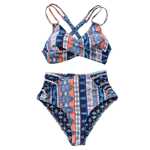 Tropical Palms Twist-Front High-Waisted Bikini by The Clothing Company Sydney, two-piece swimsuit with lace-up detail and palm print.