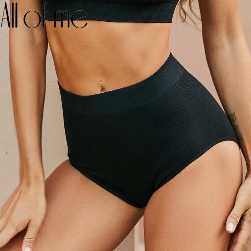 Seamless high waist underwear briefs for women, in black, made by The Clothing Company Sydney, close-up view of underpants.