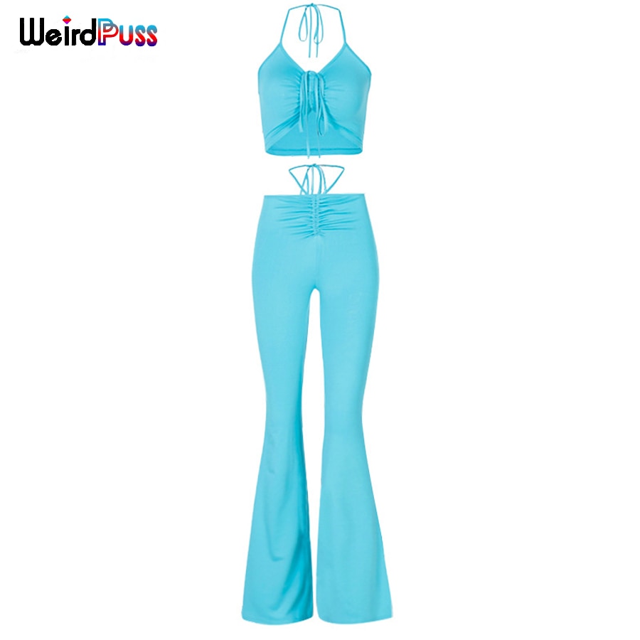 Stretchy black sweatpants from The Clothing Company Sydney, matching 2-piece halter bandage v-neck sleeveless tops set.