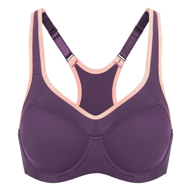 Women's moisture-wicking high impact sports bra with padded cups, racerback design, underwire support, from The Clothing Company Sydney.