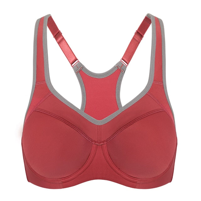 Women's moisture-wicking high-impact sports bra by The Clothing Company Sydney with padded, underwire support and racerback design.
