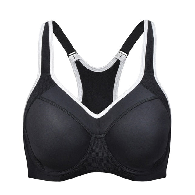 Women's moisture-wicking high-impact sports bra with padded cups, racerback design, underwire support, ideal for fitness activities.